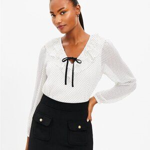 Flocked Dot Ruffle Tie Neck Blouse